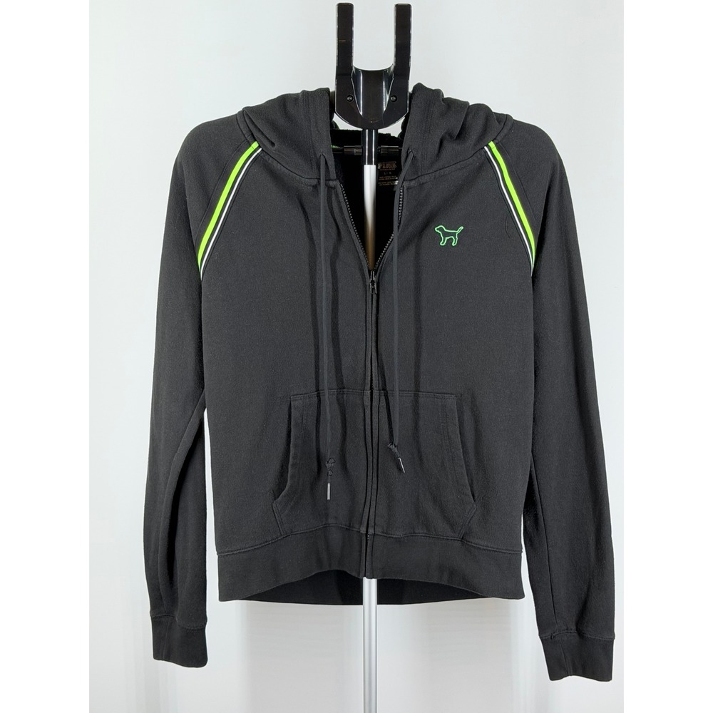 PINK‎ Victoria's Secret Black Full Zip Hoodie Neon Green Stripe Women Large